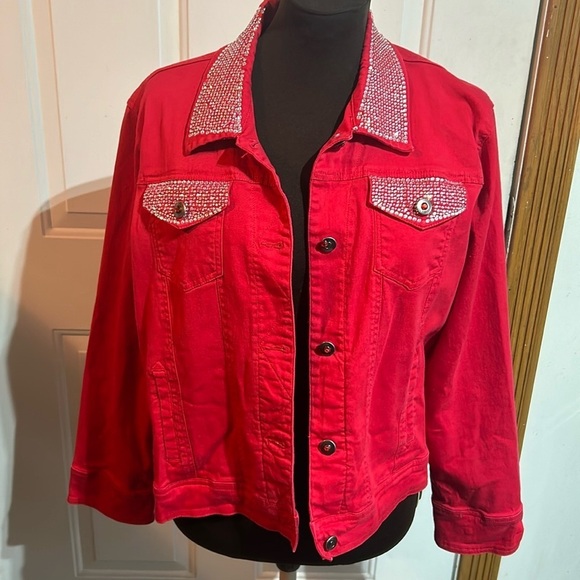 Las Olas Red Denim Rhinestone Jacket Glam Bling Size Large - Picture 1 of 5